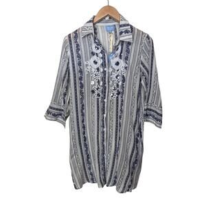 NWT Happy Island White Embellished 3/4 Sleeve Shirt Dress Size Small Medium S/M